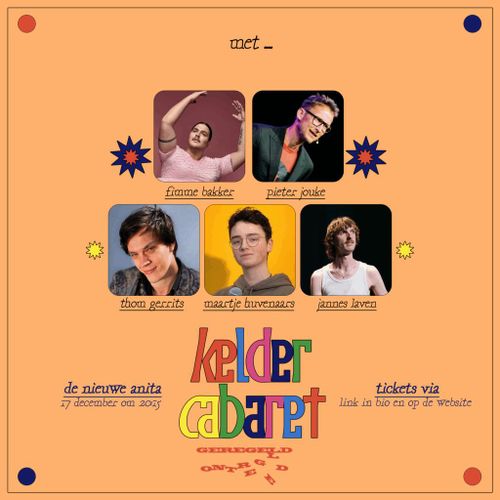 Keldercabaret met Fimme Bakker, Pieter Jouke, Thom Gerrits, Maartje Huvenaars en Jannes Laven