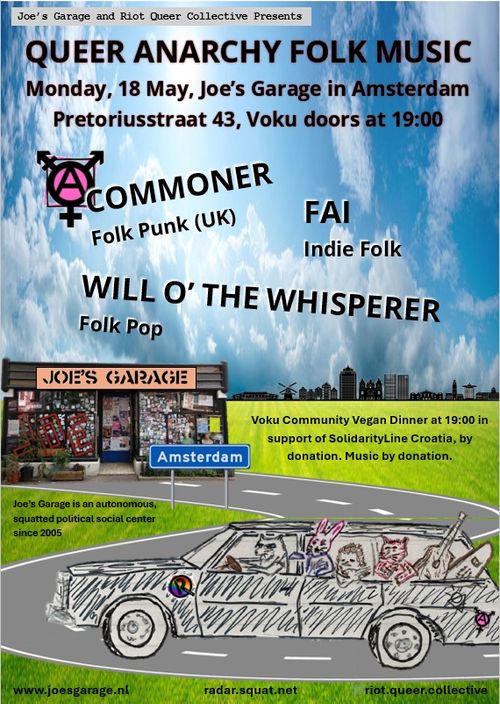Queer Anarchy Folk Music, voku benefit for SolidarityLine Croatia & concert with Commoner, Will O' The Whisperer and Fai
