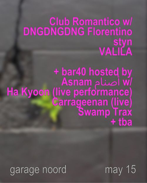 Club Romantico w/ DNGDNGDNG, Florentino, Styn, VALILA + bar40 hosted by Asnam أصنام w/ Ha Kyoon (live performance) Carrageenan (live) Swamp Trax  TBA